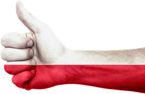 ręka (uniesiony kciuk) w kolorach polski: biało czerwony
